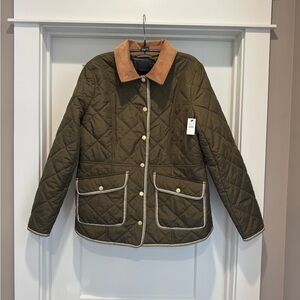 Talbots Olive Quilted Jacket with Tan Corduroy Collar NWT